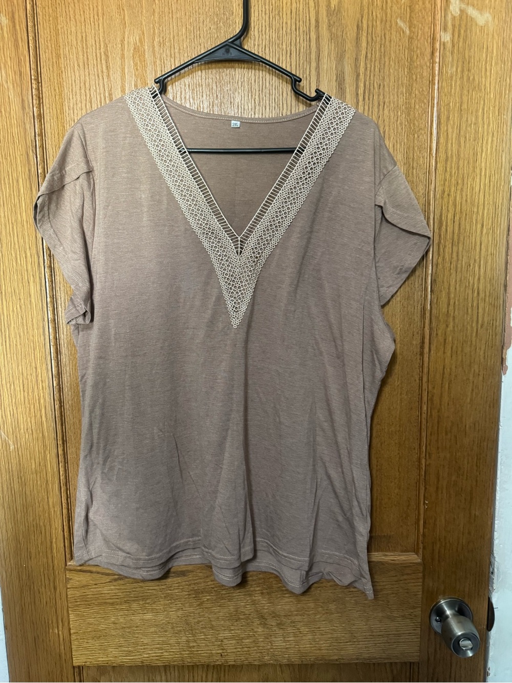 V-Neck Crochet Trim Short Sleeve Top - Taupe